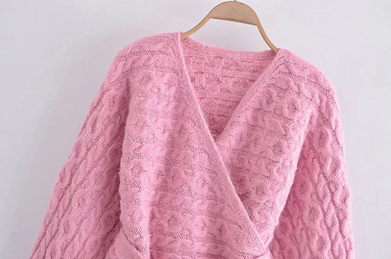 Fashion V-neck eight strand knitted sweater bandage knitted coat  7178
