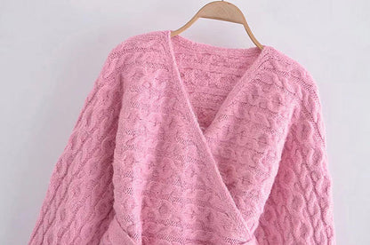 Fashion V-neck eight strand knitted sweater bandage knitted coat  7178