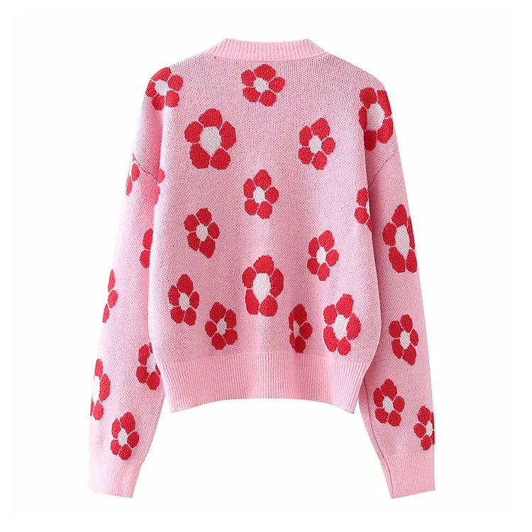 New Japanese lazy style V-neck flower jacquard knitted cardigan  7295