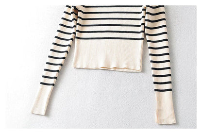 U-neck striped long sleeve slim bottomed sweater for women  7340