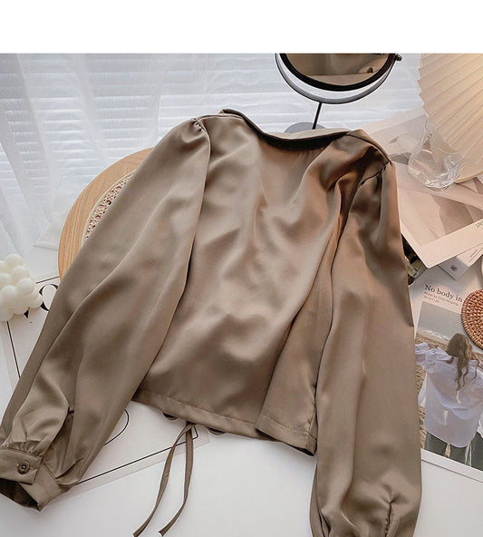 Lapel drawcord pleats slim long sleeve shirt  6283
