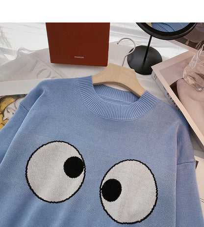 Long sleeved Pullover Sweater aging contrast color big eye top  6564