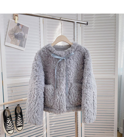 Lamb down coat aging loose tie long sleeve top  6225