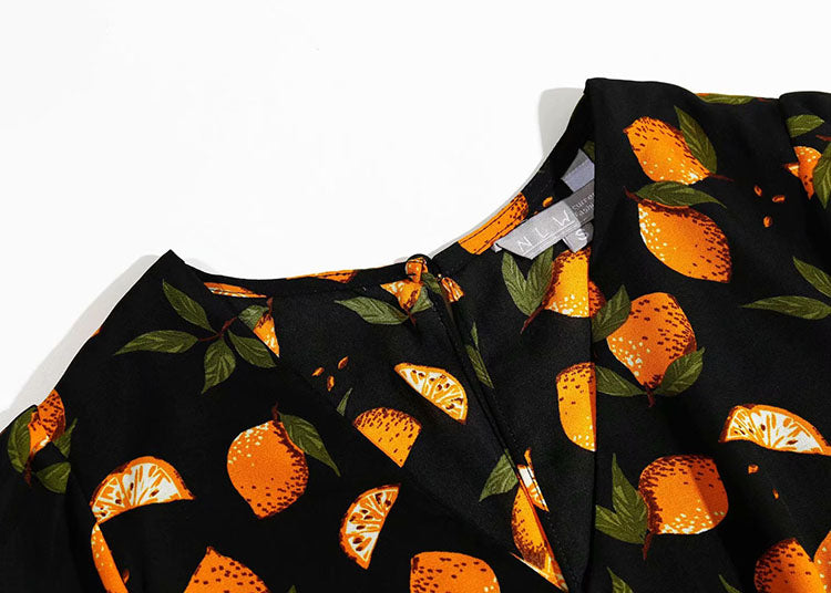 Versatile short sleeve Vintage V-neck fruit print casual dress  7060