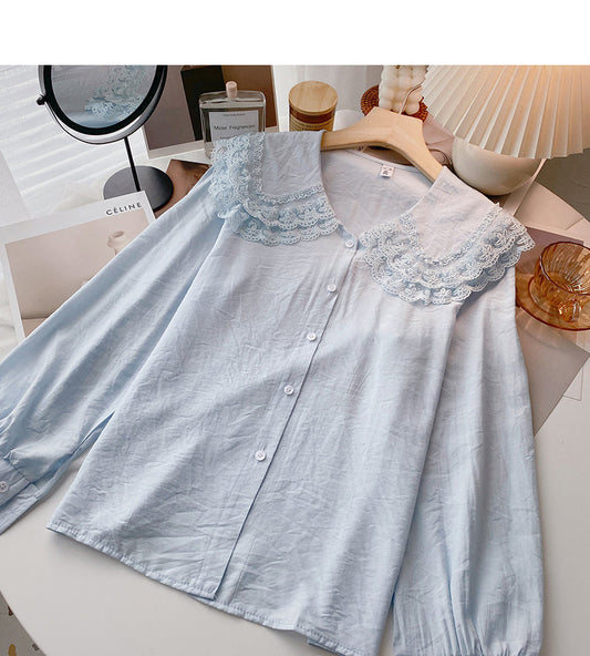 Baby collar lace edge solid color shirt slim long sleeve top  6385