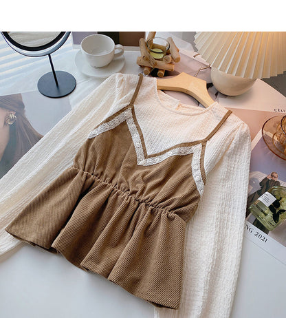 Vintage shirt with thin waist stitching fake two tops  6387