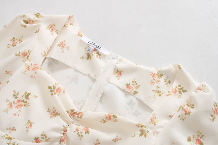 French Floral Vintage square neck bubble sleeve dress skirt  7038