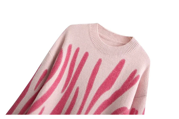 Lazy style retro irregular stripe crew neck loose long sleeve sweater  7359