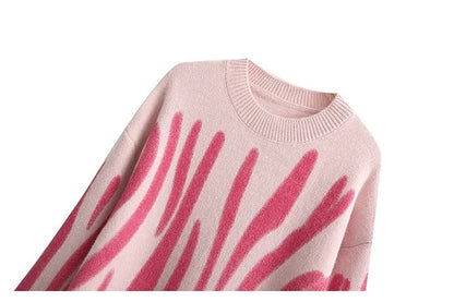 Lazy style retro irregular stripe crew neck loose long sleeve sweater  7359