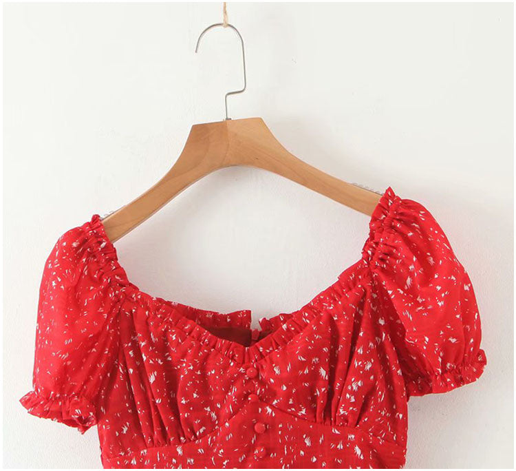 Versatile French V-neck single breasted bubble sleeve Floral Dress 7094