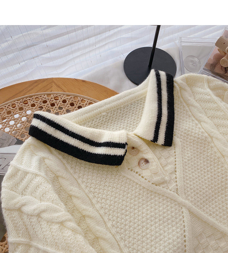Lapel contrast long sleeve twist sweater  6148