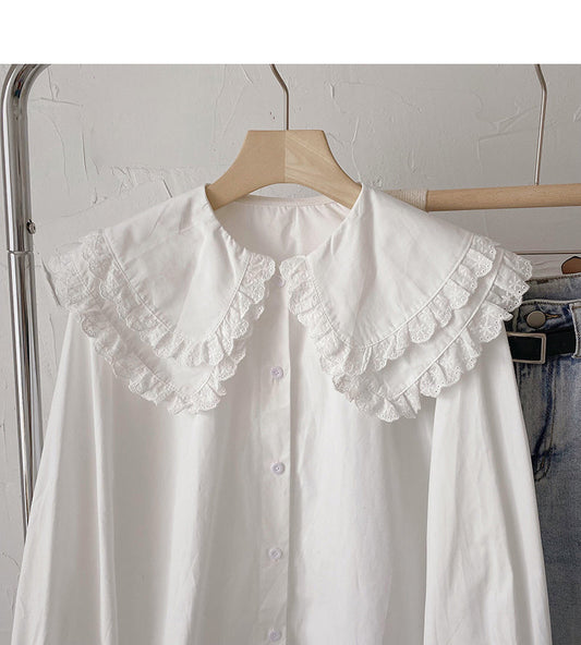 Lace Baby collar shirt Korean version thin and foreign style single breasted top  6435