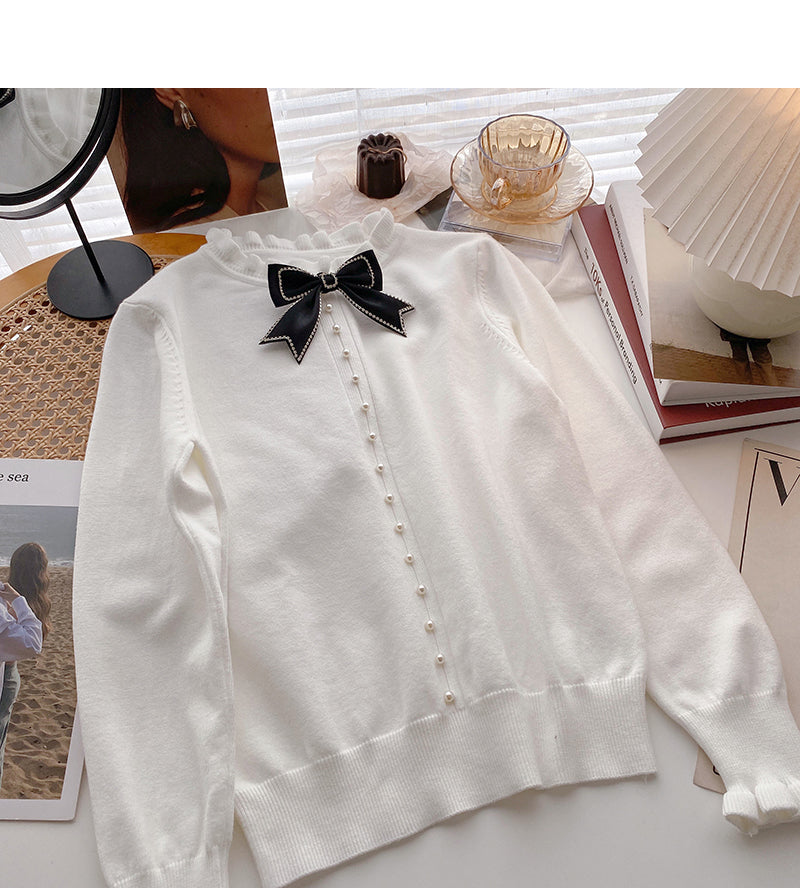 Korean bow round neck design retro nail bead Lace Long Sleeve Top  6038
