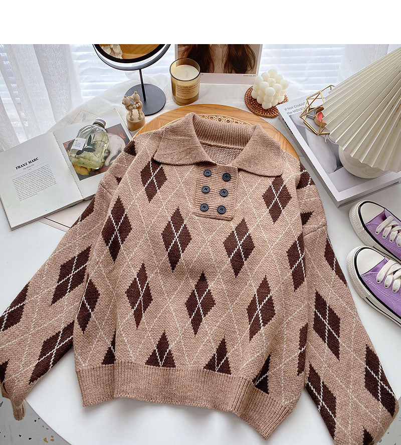 Lapel Pullover design rhombic contrast top  6050