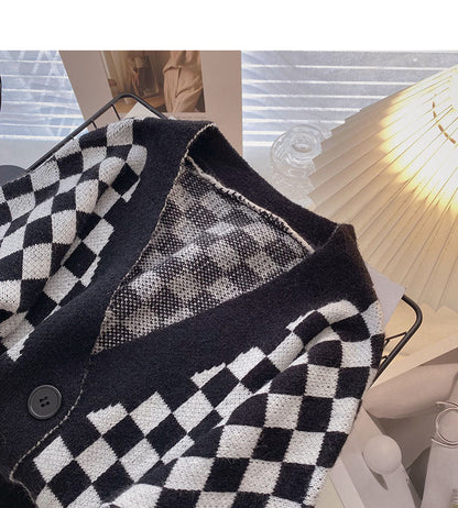 Niche design contrast checkerboard long sleeve top  5875