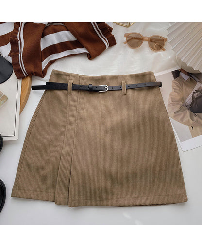 Niche solid color pleated high waist A-line skirt with belt  5579