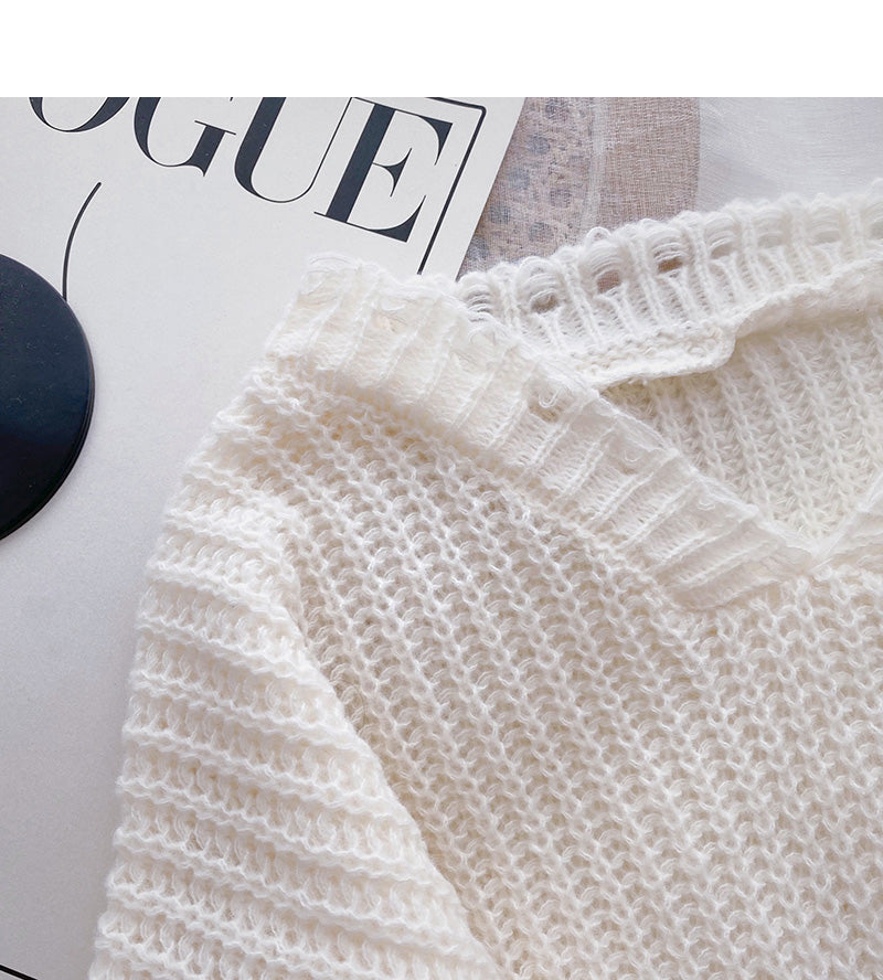 Hollow out knitted sweater casual solid color long sleeve top  6131