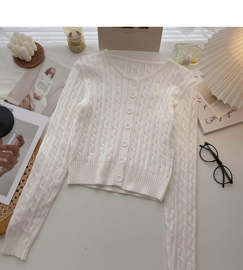 Knitted cardigan coat French retro short twist long sleeve top  6644