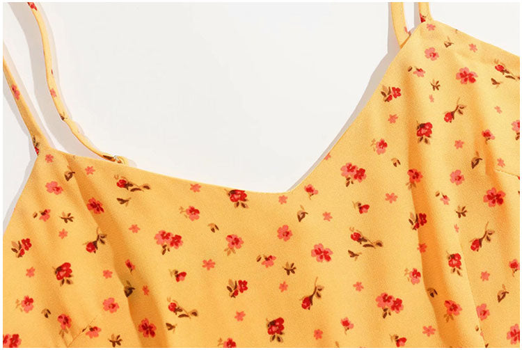Gentle wind floral suspender dress over knee split skirt  7097