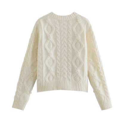 New French style pearl trim slim knit cardigan  7513