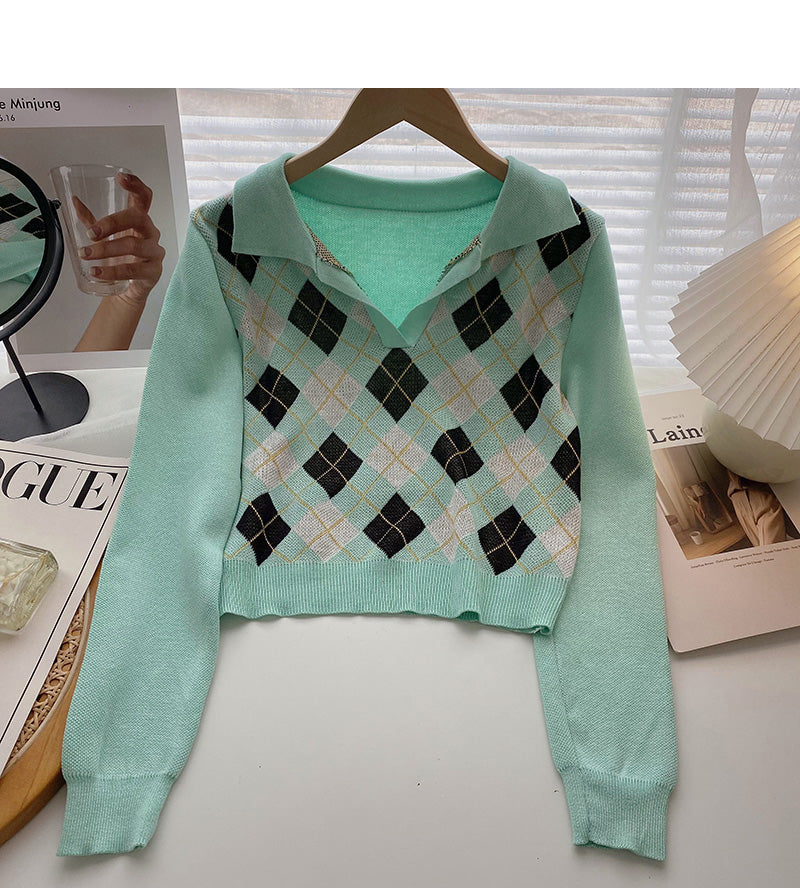 Plaid long sleeve sweater small short Pullover Top  6653