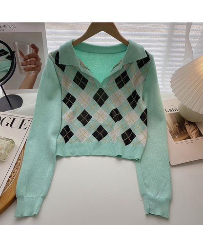 Plaid long sleeve sweater small short Pullover Top  6653