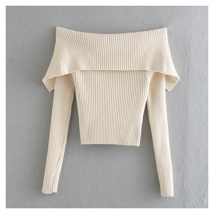 Off shoulder and large lapel design t-shirt straight neck short top  7160