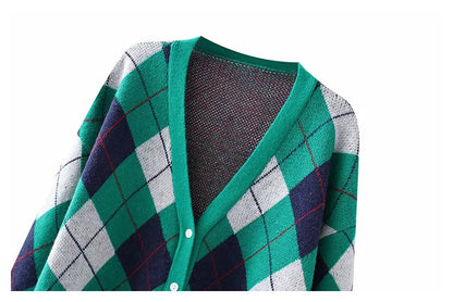 V-neck diamond check button long sleeve loose knit cardigan coat  7362