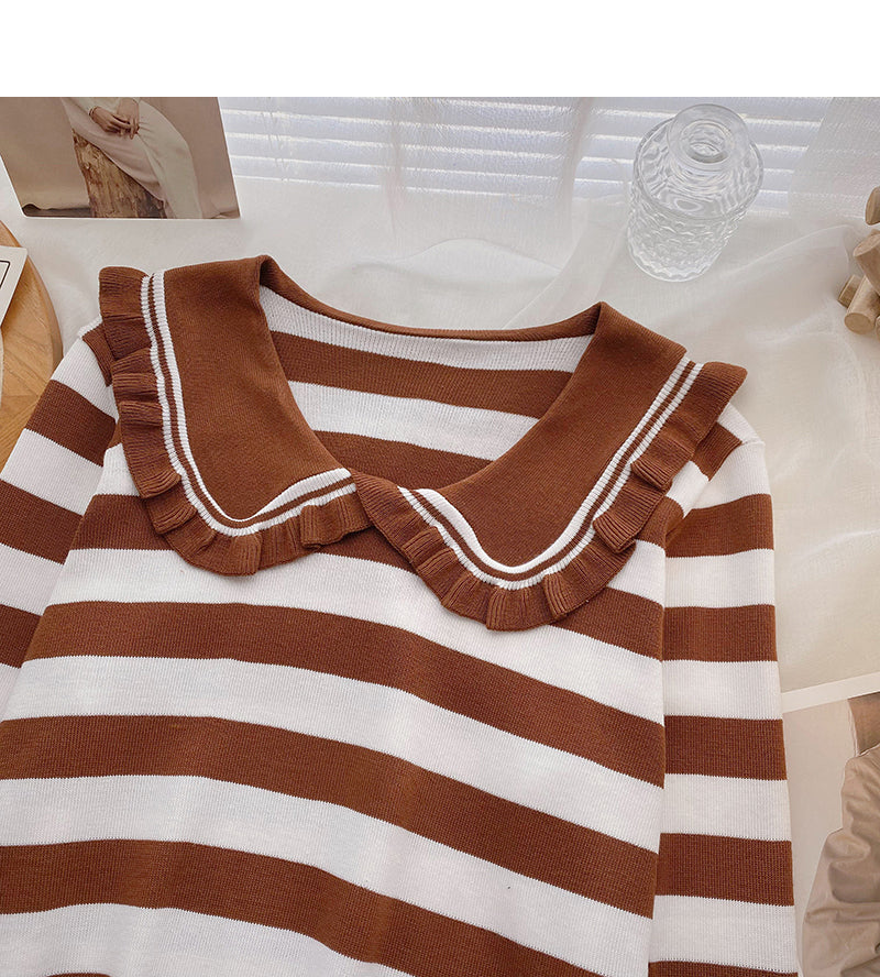 Lace doll neck contrast stripe long sleeve versatile top  6616