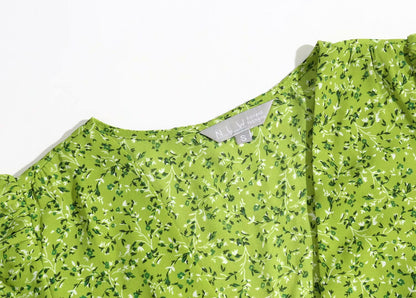 Vintage V-neck slim waist button floral print dress  7042