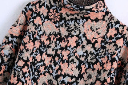 Vintage stand collar long sleeve flower jacquard sweater  7504