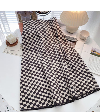 Retro fashion net red checkerboard high waist A-shaped skirt  5763