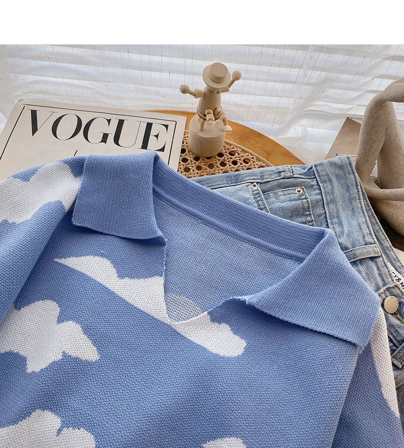 Small man simple foreign style contrast color cloud Pullover Top  6598