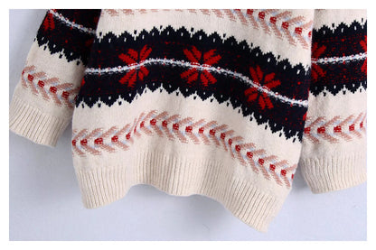 Lazy jacquard loose knit stitched Vintage sweater  7490