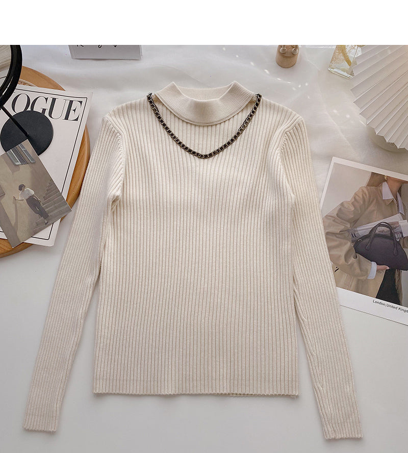 Design sense knitwear slim stand collar chain long sleeve top  6596