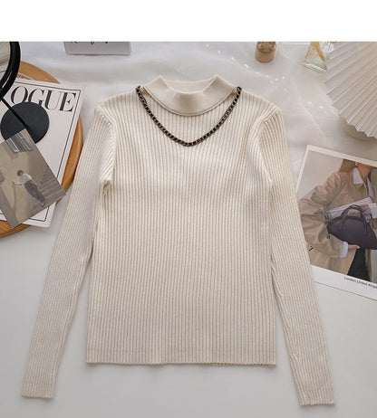 Design sense knitwear slim stand collar chain long sleeve top  6596