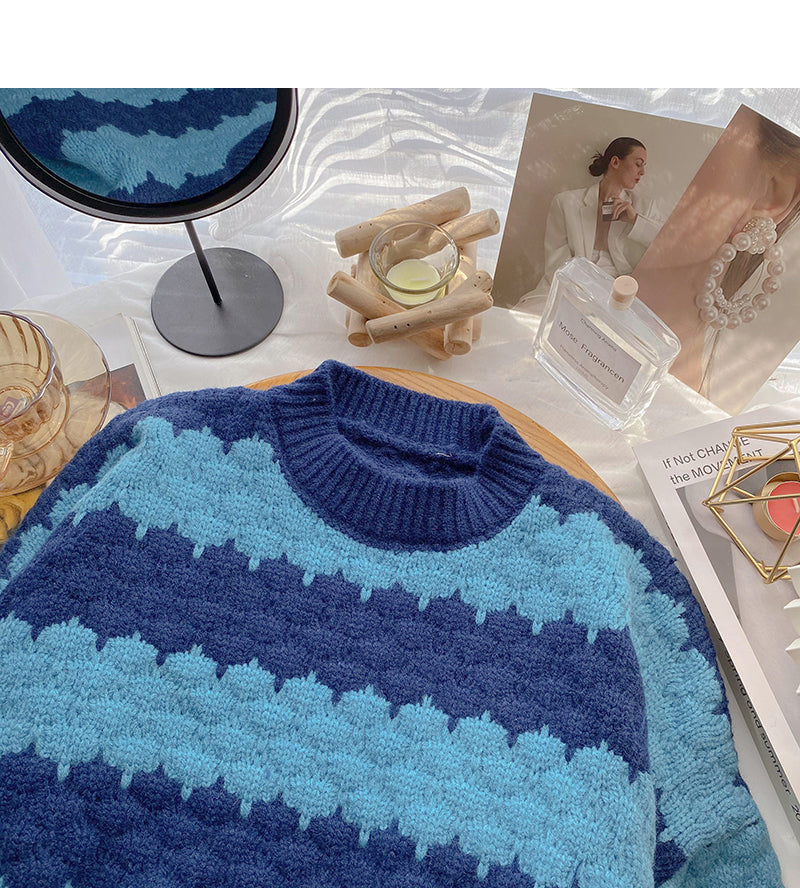 Lazy wind stripe color matching sweater is retro and simple  5992