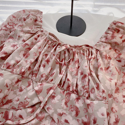 French Vintage Floral square collar collarbone shirt  6300