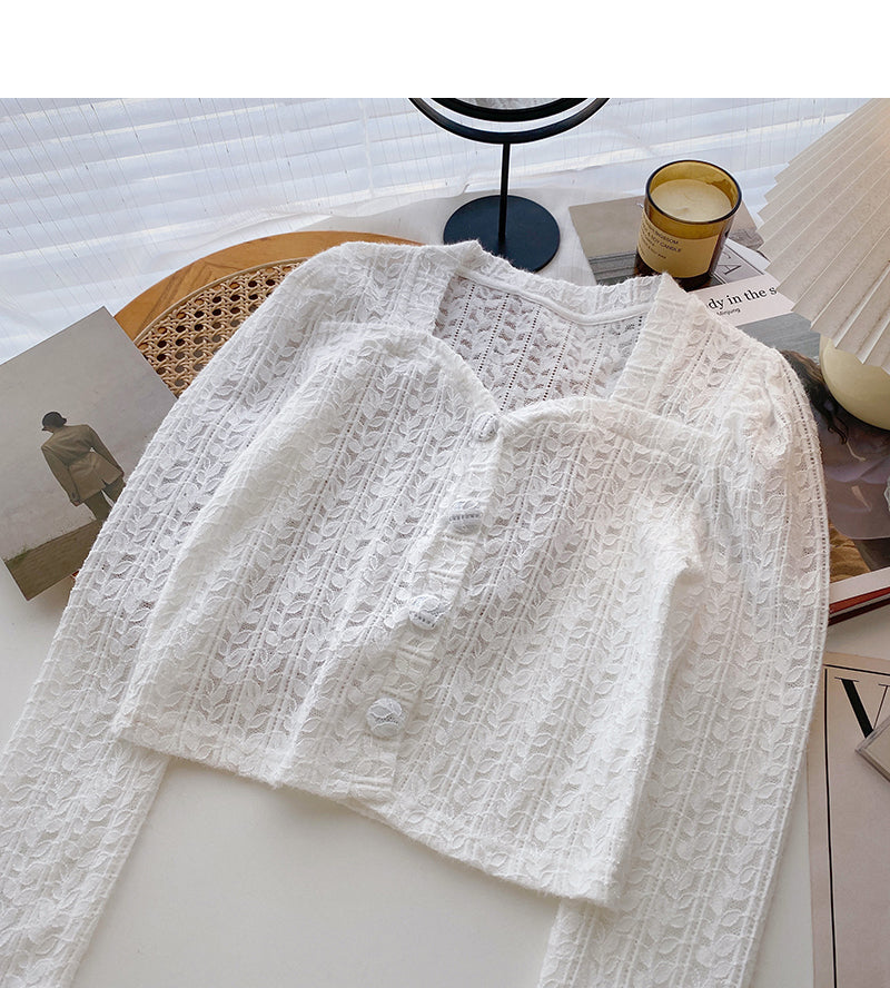 French small square collar lace shirt long sleeve short top fashion  6362