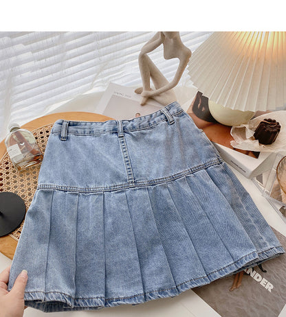 Denim high waist A-line pleated skirt shows thin skirt  5623