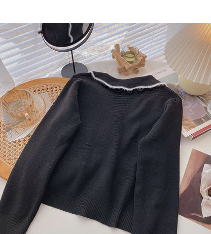 Niche design retro color blocking wave edge Lapel long sleeve top  6587
