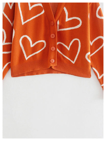 Fashion sweet V-neck love jacquard short knitted cardigan  7194