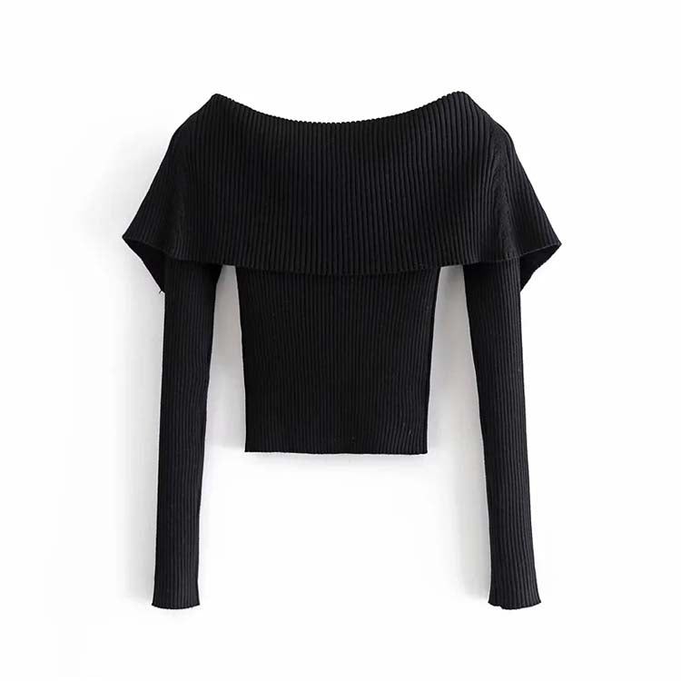 Design sense large lapel off shoulder long sleeve knit top  7151