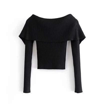 Design sense large lapel off shoulder long sleeve knit top  7151