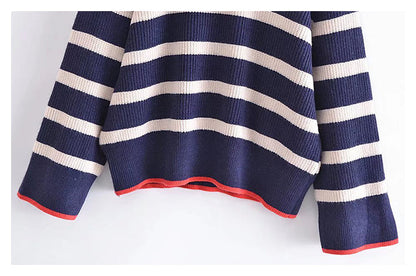 Loose Vintage high neck contrast striped sweater sweater sweater  7347