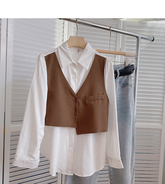 Lazy irregular stitching long sleeve shirt design fake two pieces  6358