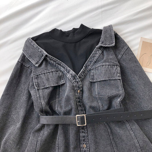 Hong Kong style fashion stitched stand collar medium and long denim shirt  6248