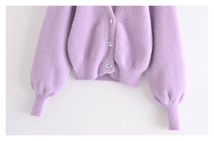 V-neck three button Lantern Sleeve Top Coat women's knitted cardigan  7237