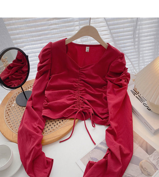 Drawstring pleated long sleeve shirt shows thin temperament top  6421