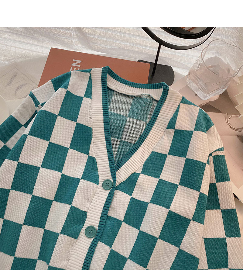 Korean retro versatile casual V-Neck long sleeve Plaid top  6559